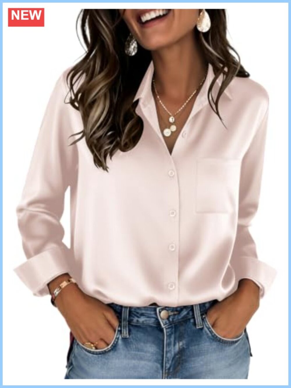 Womens Satin Button Down Long Sleeve V Neck Blouse Dressy Casual